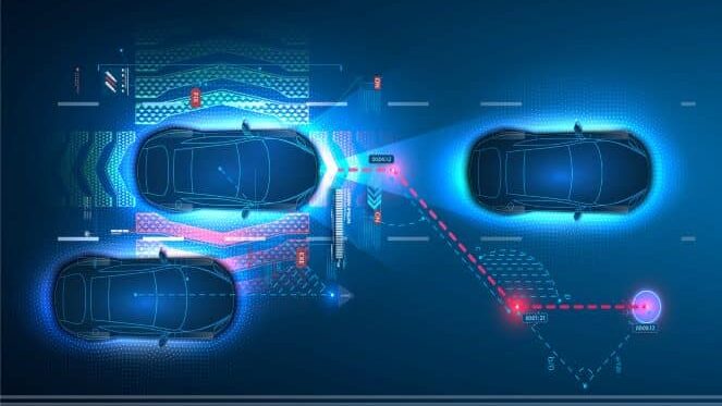 A Digital Overhead Visualization Of Three Autonomous Cars On A Road, Featuring High-Tech Hud Elements, Proximity Sensors, And A Red Path-Finding Line Tracking Movement.