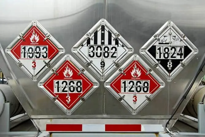 Responsabilidad En Accidentes De Camiones Con Materiales Peligrosos 5 Panel Trasero De Un Camión Cisterna Con Cinco Placas De Identificación De Materiales Peligrosos, Mostrando Los Códigos 1993, 3082, 1824, 1268 Y 1268 Correspondientes A Sustancias Inflamables Y Peligrosas.