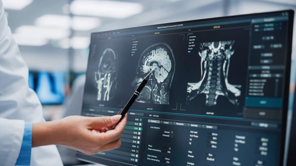 Abogado De Lesiones Cerebrales En Las Vegas 2 Médico Señalando Una Resonancia Cerebral En Pantalla.